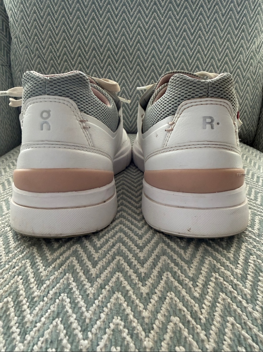 On Running Women's White Sneakers with Light Pink Lining and green trim. - Picture 2 of 5
